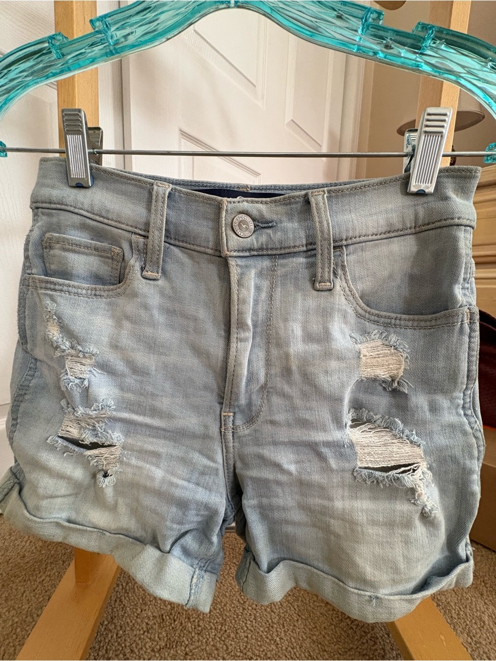 Hollister Light Blue Distressed Roll-Hem Denim Shorts